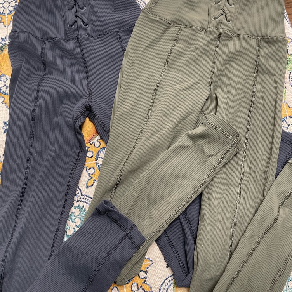 Aerie Black and Green High-Waisted Leggings with Lace-Up Detail Both Pairs